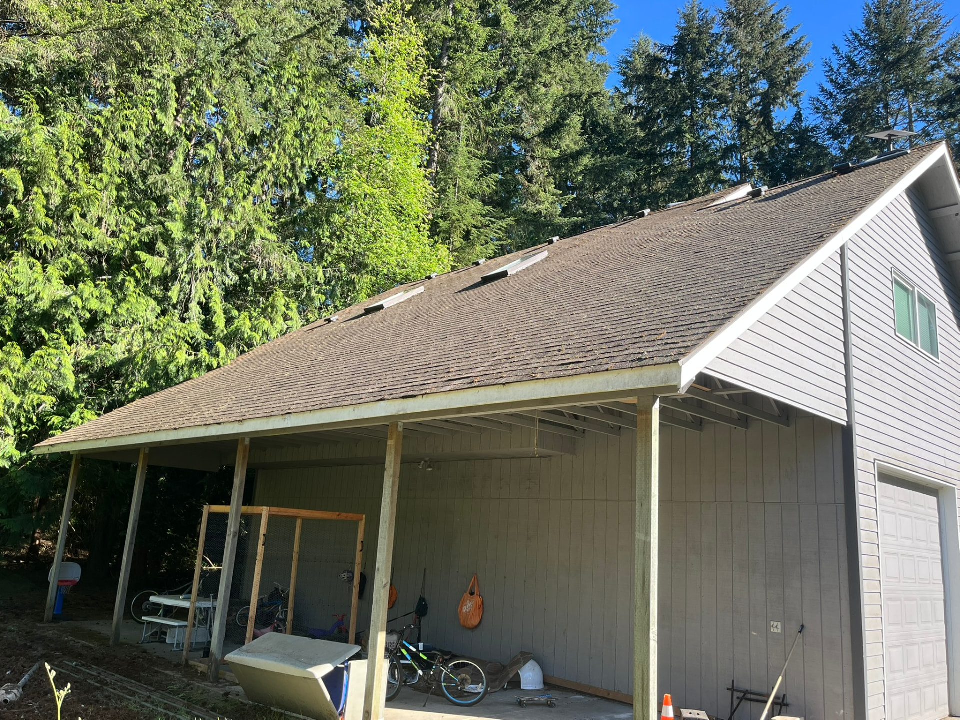 The same outbuilding roof after moss removal, shingles clean and even