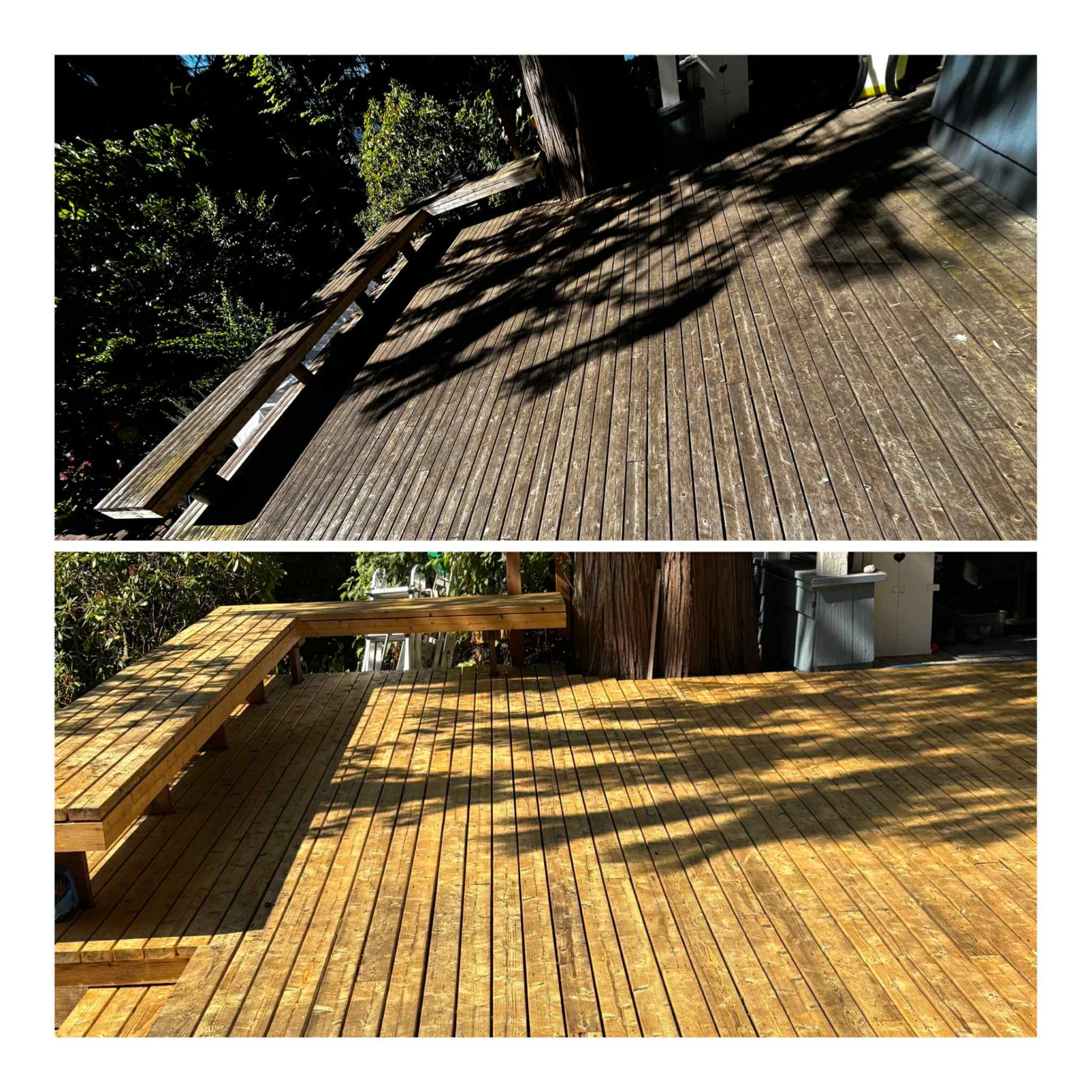 Two panels: a weathered grey deck above, the same deck restored to a warm golden finish below