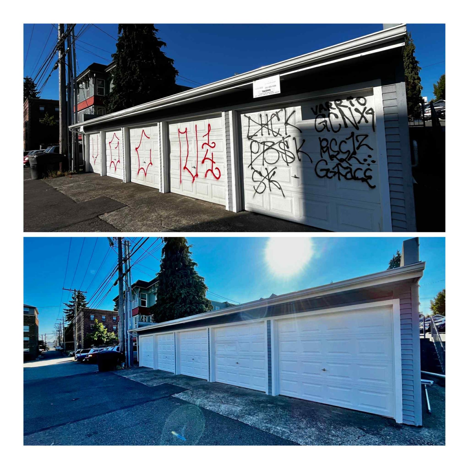 Two panels: garage doors covered in spray-paint tags above, the same doors clean below