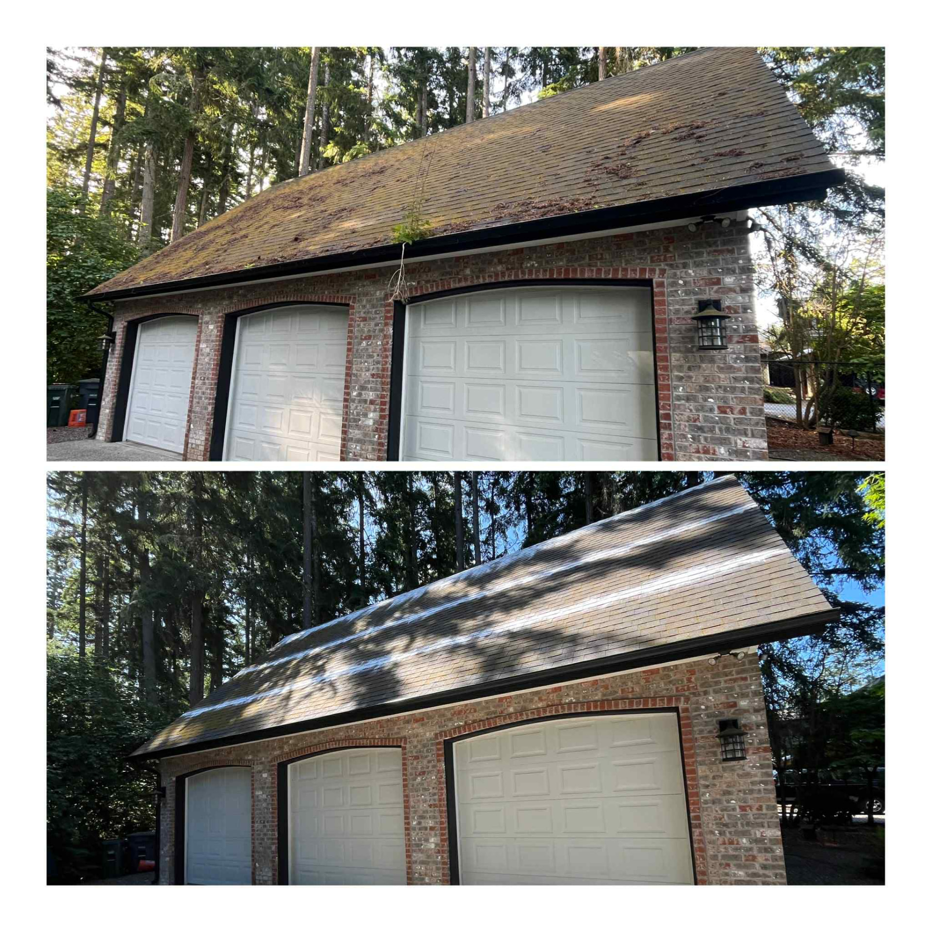Two panels: a garage roof covered in moss and needles above, the same roof clean below