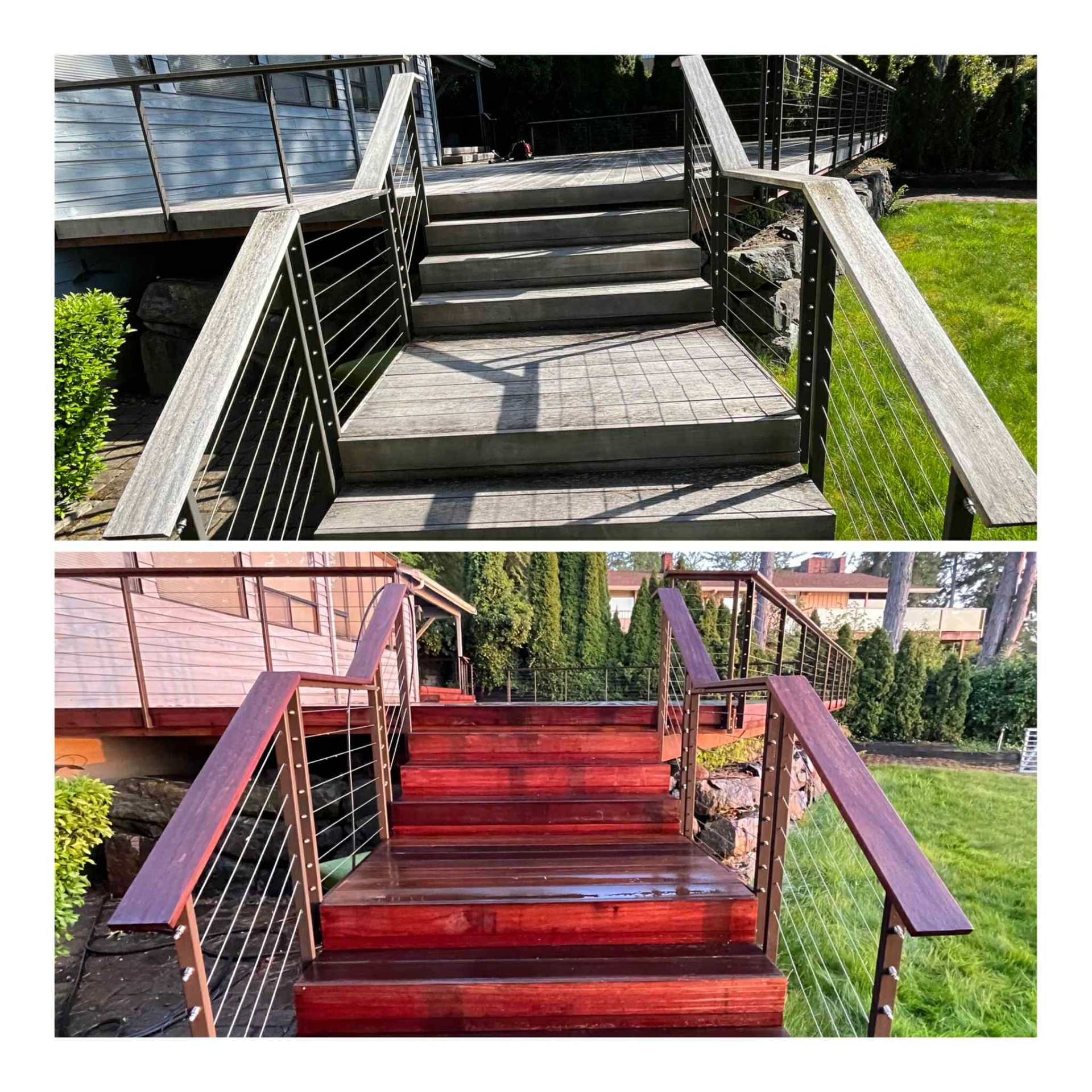 Two panels: weathered grey deck steps above, the same steps stained a deep red below