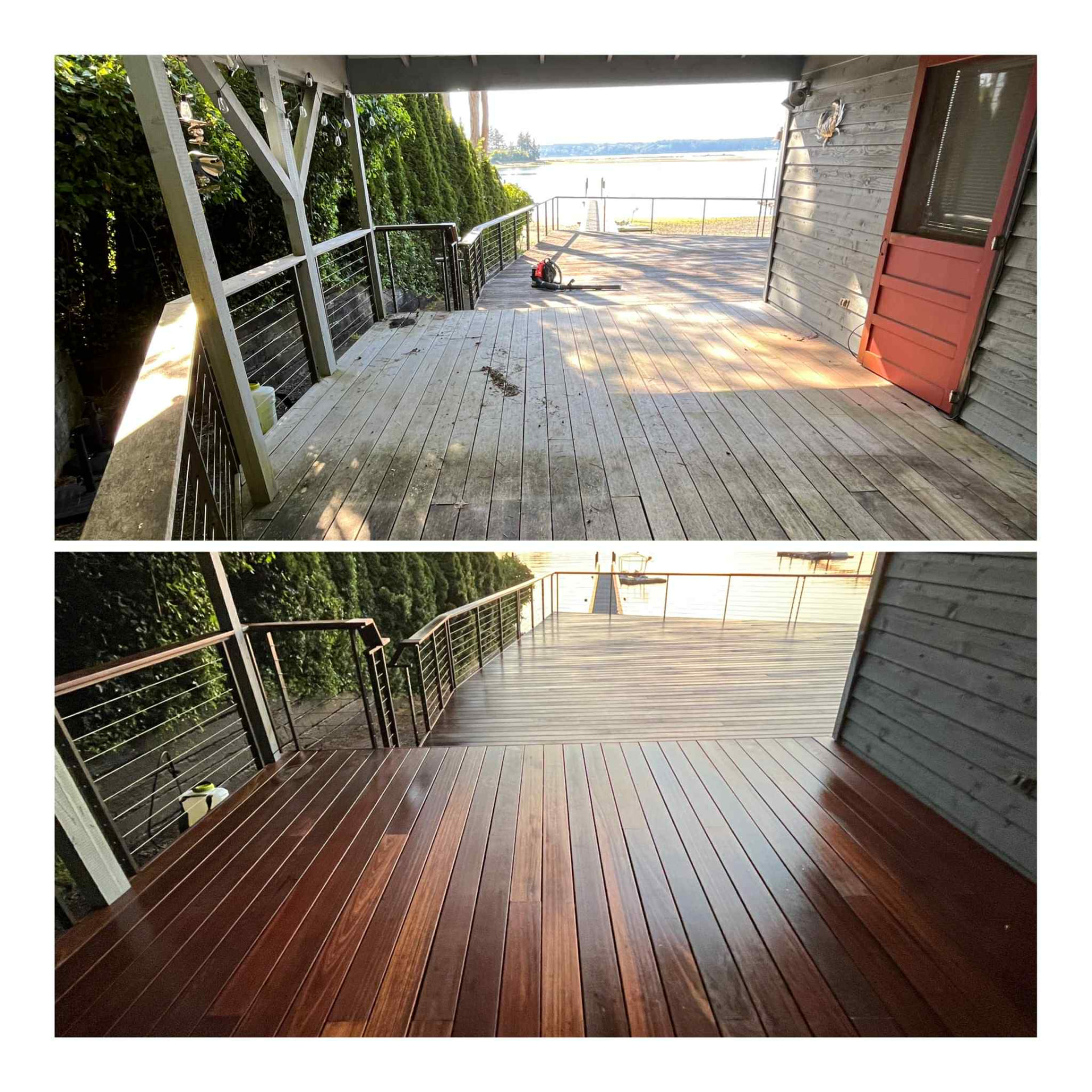 Two panels: a weathered lakeside deck above, the same deck oiled to a rich brown below