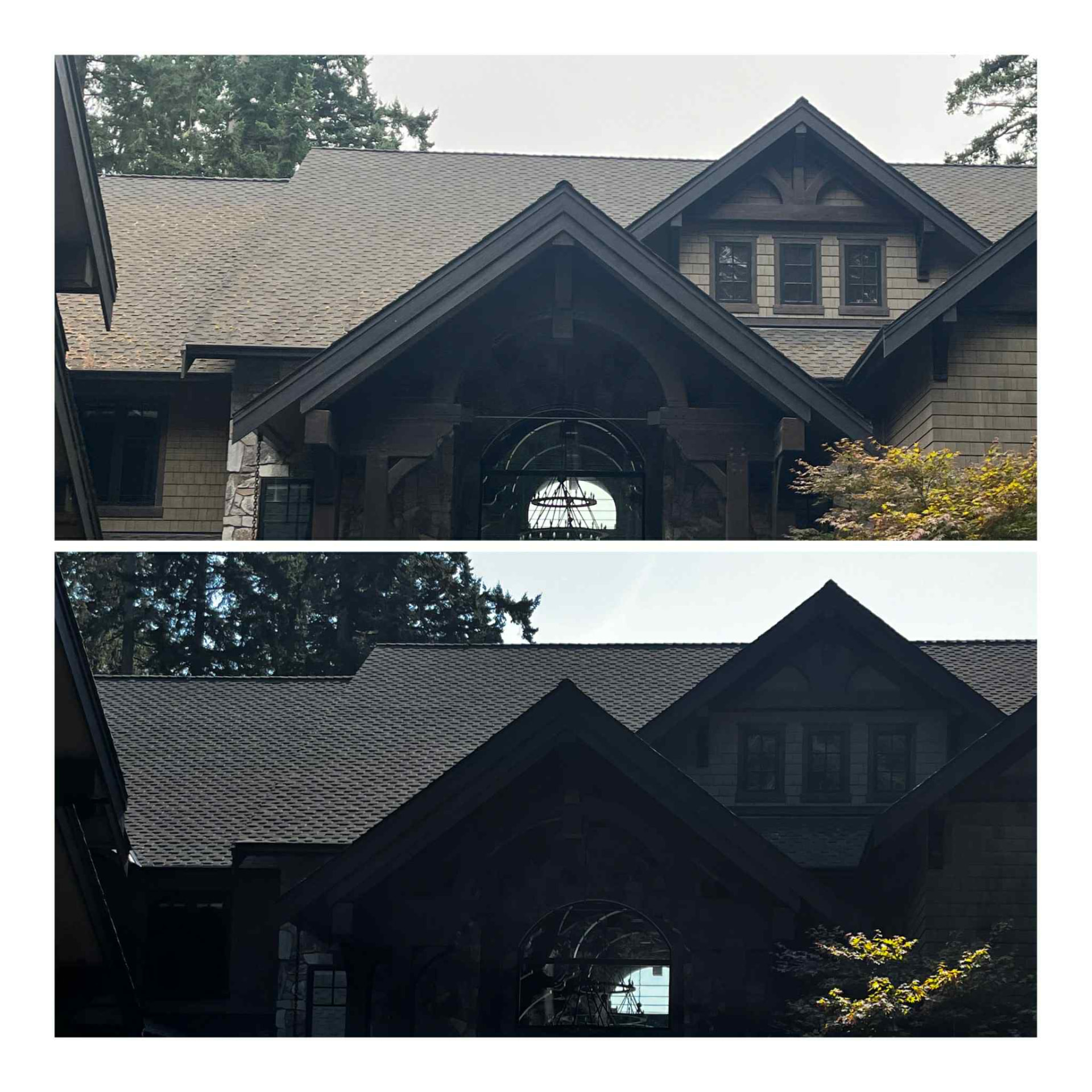 Two panels: a house roof patched with moss above, the same roof clean below