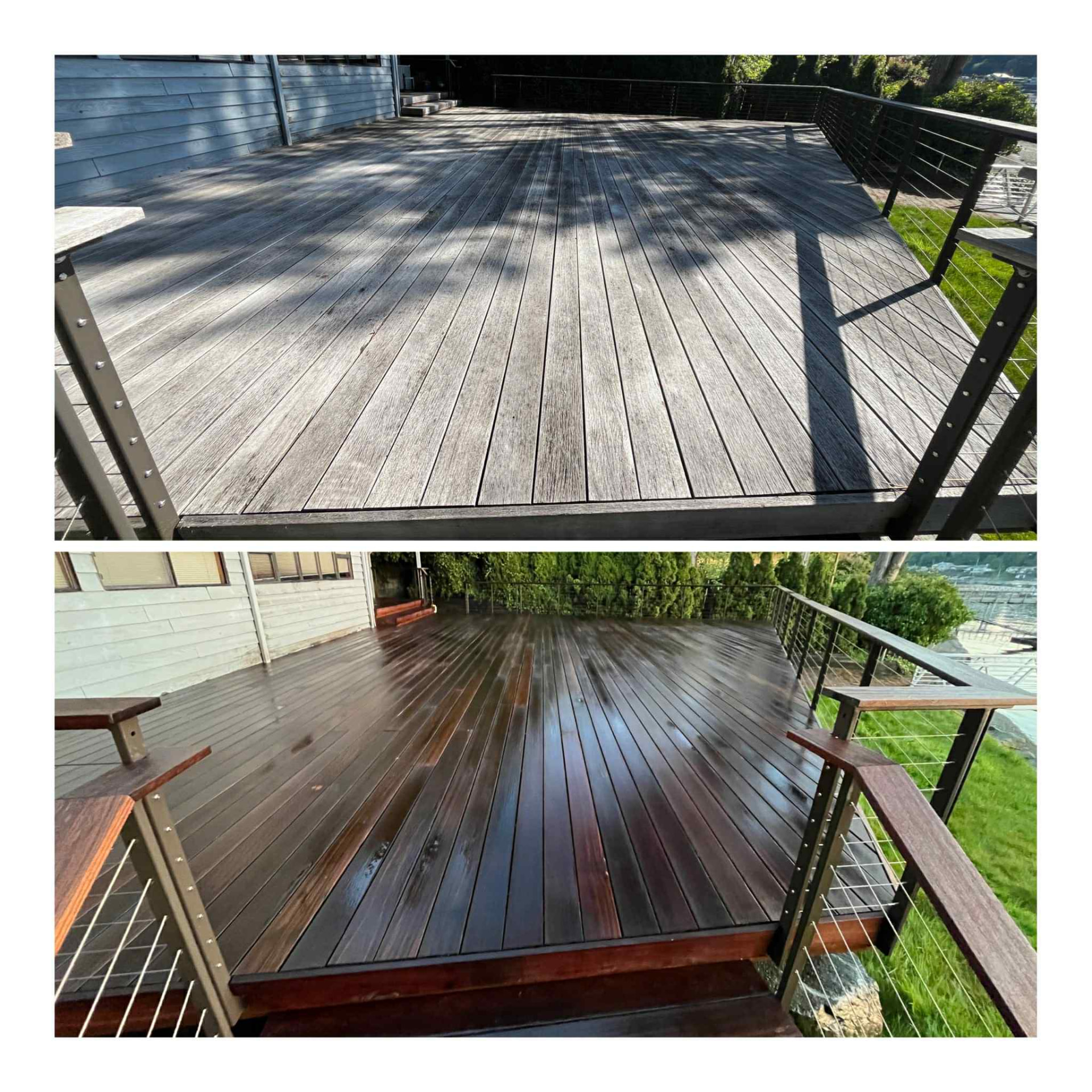 Two panels: a greyed deck with cable railings above, the same deck oiled dark below