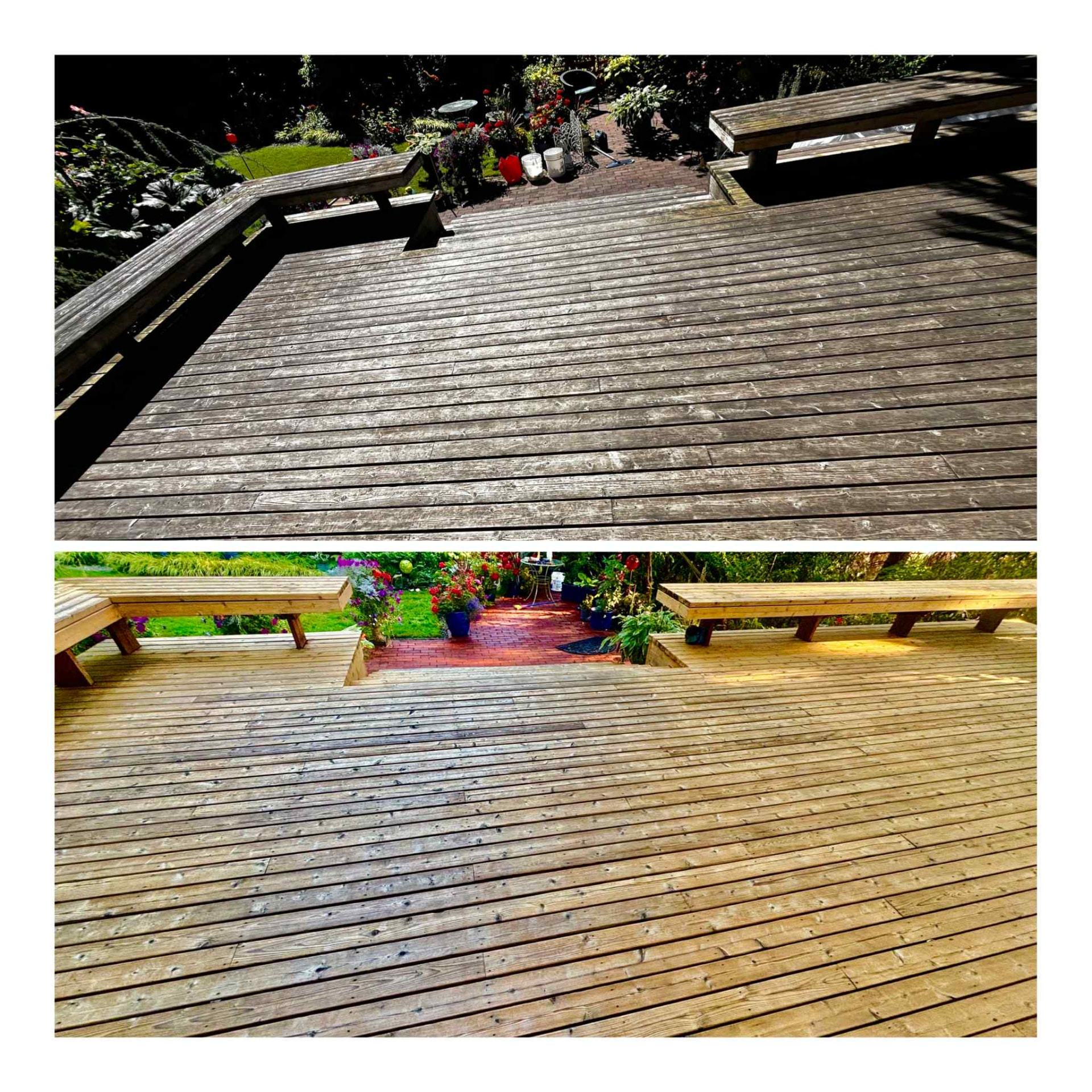 Two panels: a greyed garden deck with benches above, the same deck cleaned and brightened below