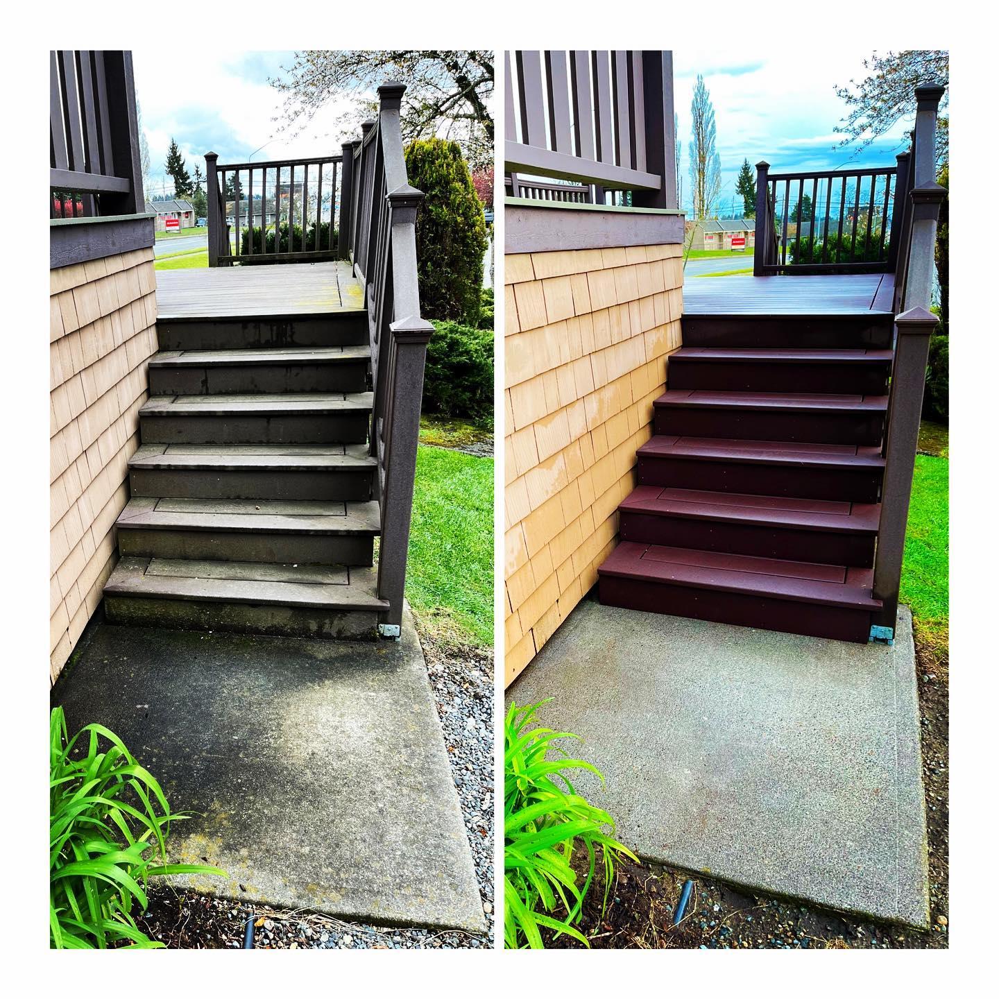 Side by side: worn deck steps, then the same steps cleaned and stained