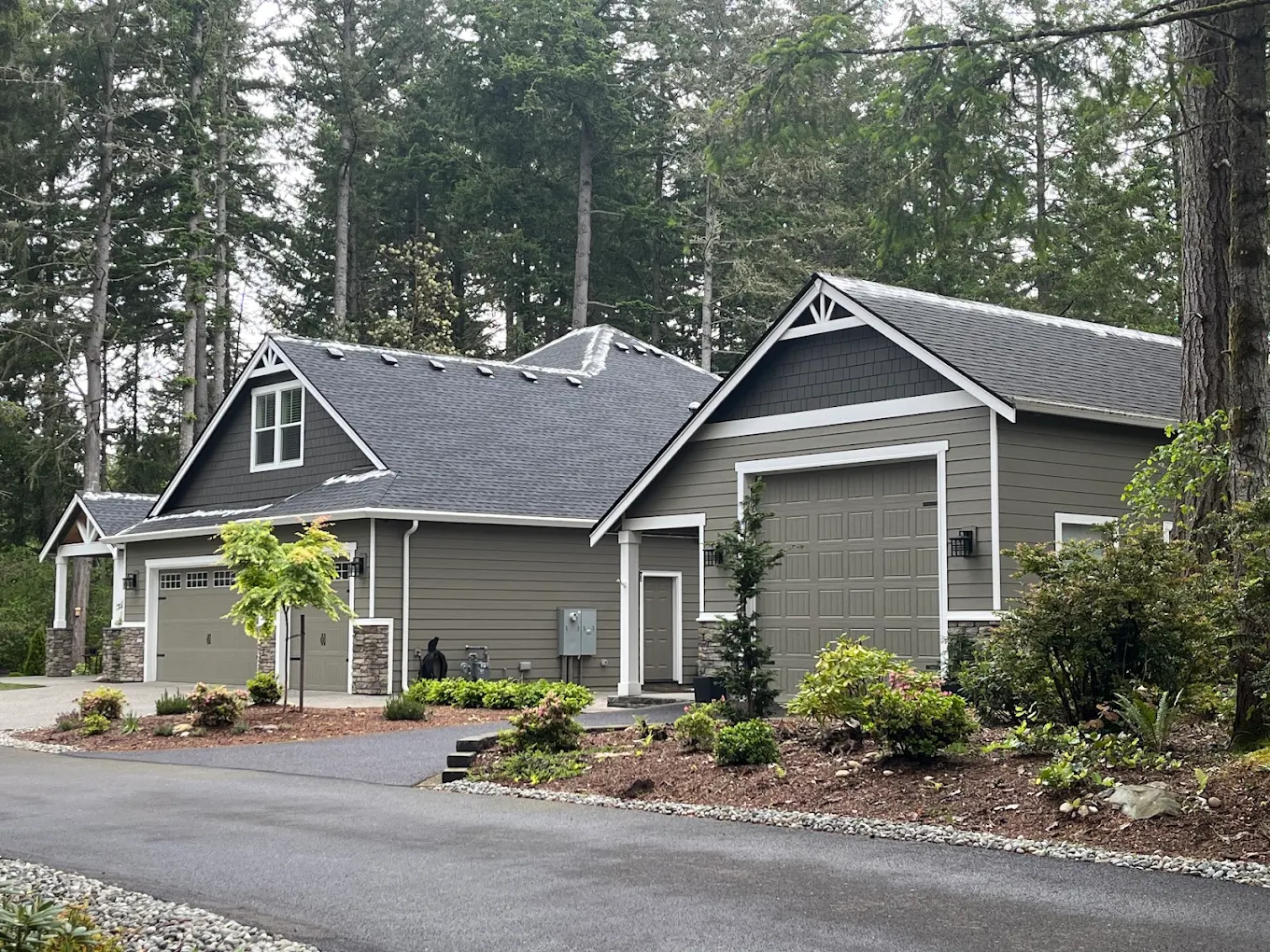 A clean house exterior with grey siding and a tidy roof among tall firs