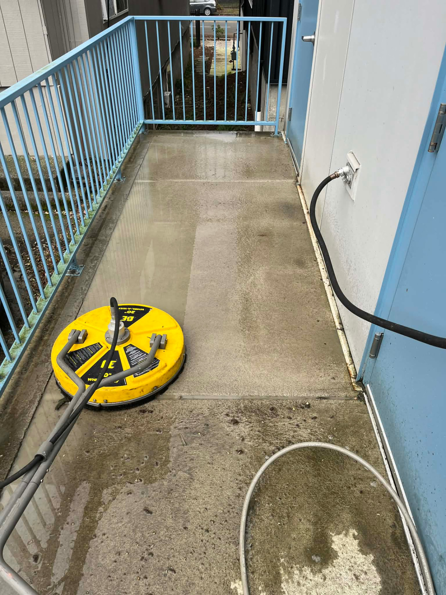 A concrete landing half cleaned, a bright washed path cut through dark algae with a surface cleaner in the foreground